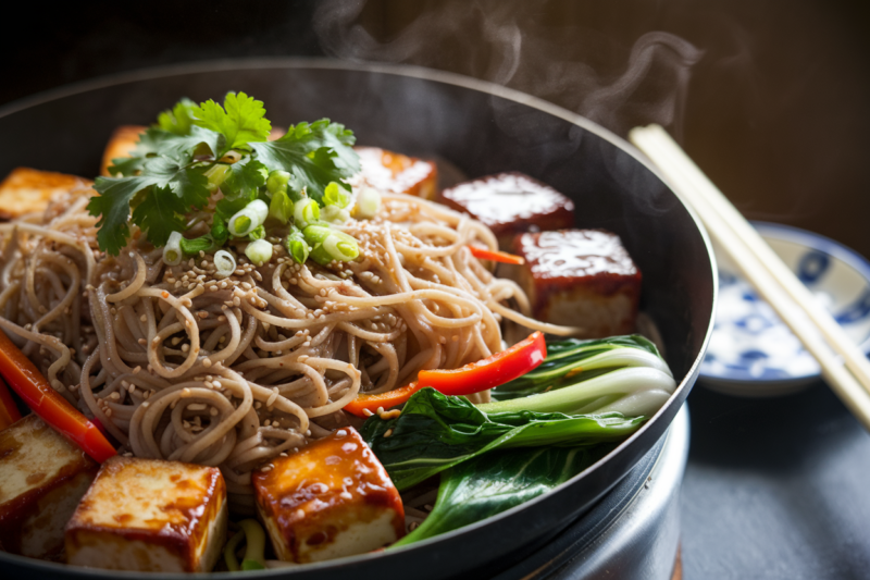 Asiatische Reisnudel-Pfanne mit Tofu und Gemüse