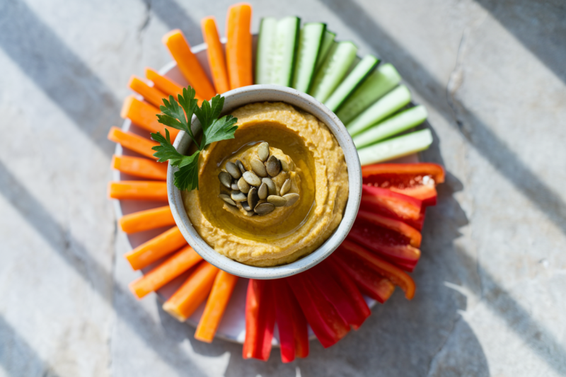 Cremiger Kürbis-Hummus mit Gemüsesticks