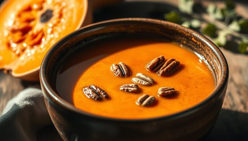 Herzhafte Kürbissuppe mit karamellisierten Pecannüssen