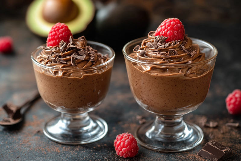 Samtige Schoko-Avocado-Mousse mit Himbeeren