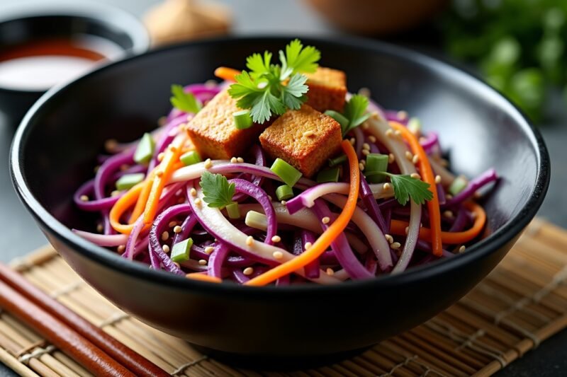 Asiatischer Kohlsalat mit Miso-Ingwer-Dressing und knusprigem Tofu