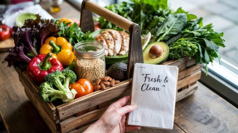 Clean Eating Einkaufsliste mit frischem Gemüse, Vollkornprodukten, gesunden Proteinen und einer handgeschriebenen Einkaufsliste