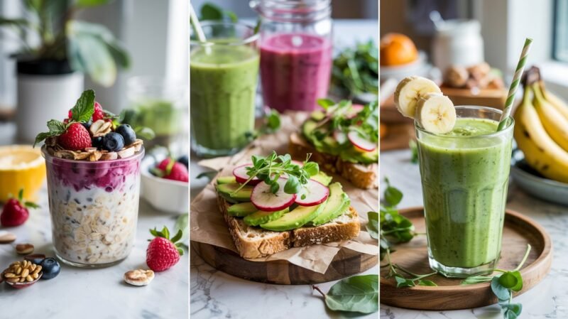 Drei einfache Clean Eating Frühstücksideen für Einsteiger: Overnight Oats mit Beeren, Avocado-Vollkornbrot und grüner Protein-Smoothie