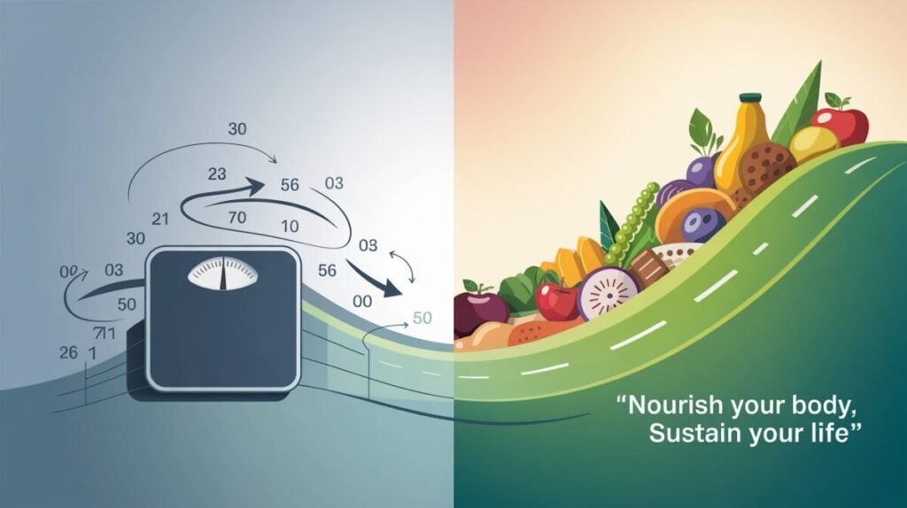 Infografik die den Jojo-Effekt bei Diäten im Vergleich zur kontinuierlichen Verbesserung durch Clean Eating zeigt