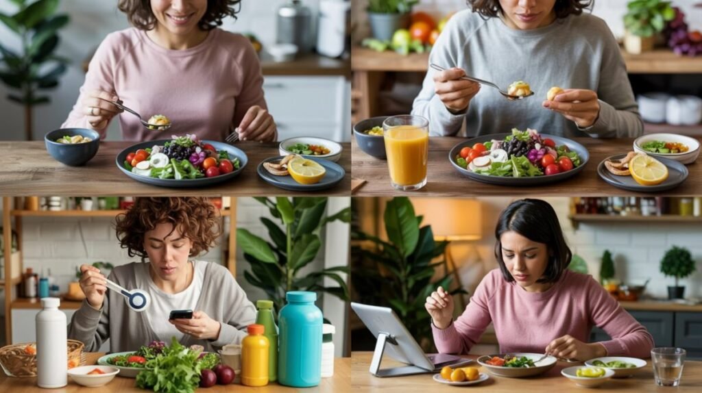 Gegenüberstellung von entspanntem Clean Eating Mindset und stressvoller Diät-Mentalität beim Umgang mit Essen