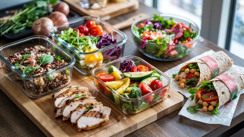 Clean Eating Meal Prep für Anfänger: Vorbereitete Grundzutaten wie Quinoa, geröstetes Gemüse, Hähnchen und Kichererbsen für verschiedene Mahlzeiten