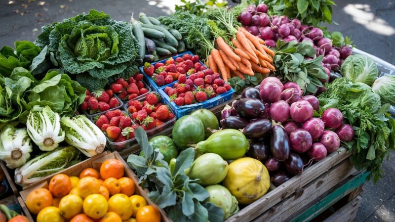 Vielfältige Auswahl an saisonalem Obst und Gemüse für Clean Eating, frisch und farbenfroh auf einem Marktstand arrangiert