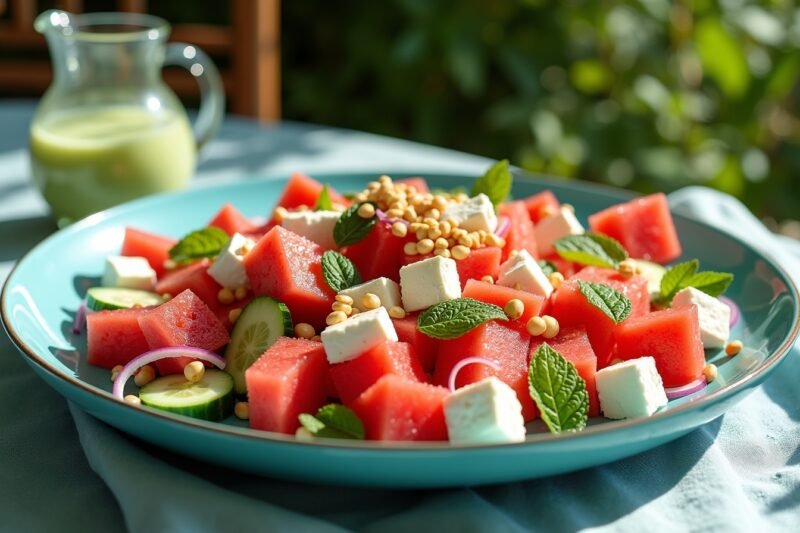 Sommerlicher Wassermelonen-Feta-Salat mit Minz-Limetten-Dressing