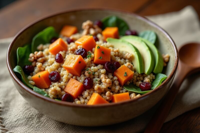 Warmer Süßkartoffel-Quinoa-Salat mit Ahornsenf-Vinaigrette