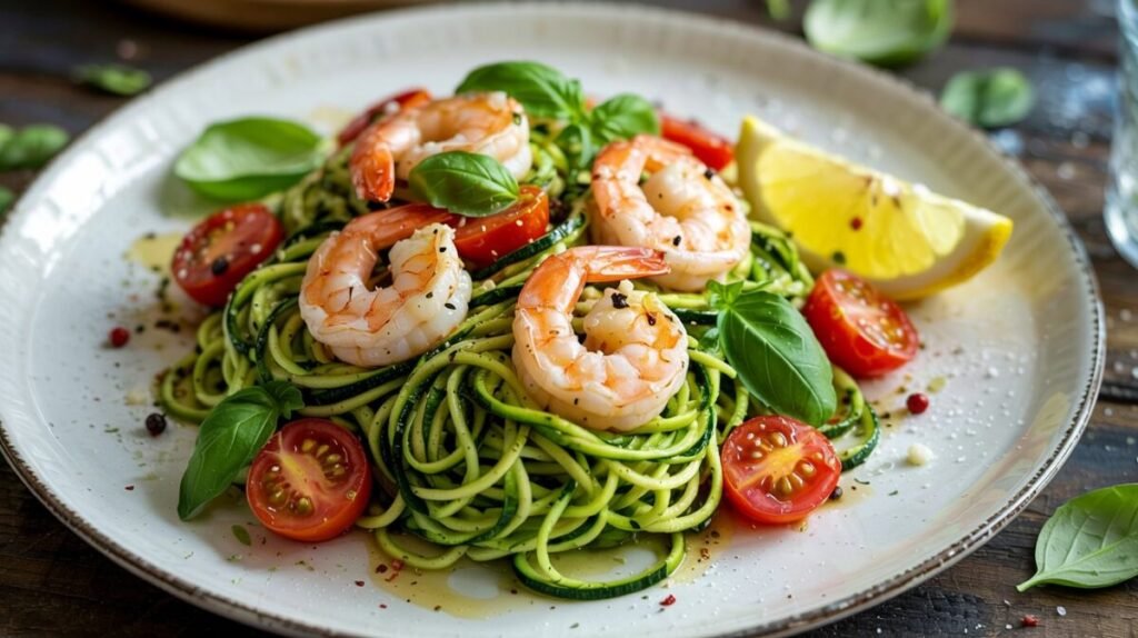 Clean Eating Hauptgerichte: 10 Rezepte, die schnell und einfach gelingen 10 Zucchini-Nudeln mit Garnelen und Kirschtomaten