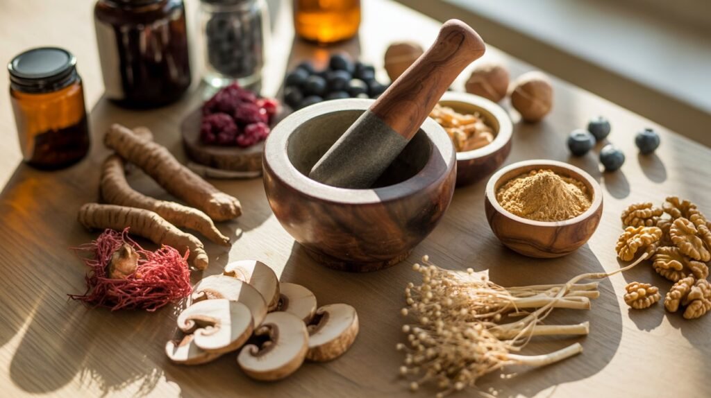 Functional Food und adaptogene Pflanzen auf einem Tisch