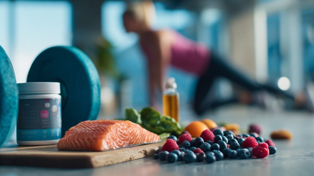 Sportler mit Hantel und gesunden Lebensmitteln für Regeneration: Lachs, Beeren, Proteinpulver und Omega-3-Öl